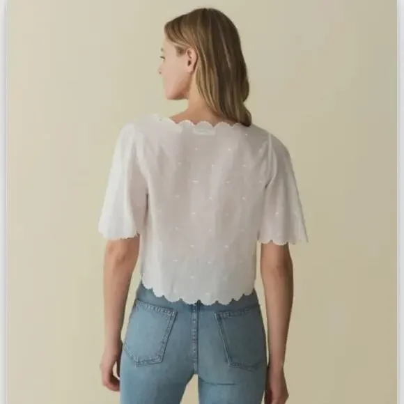 NWT Doen Kacy Embroidered Bow Ribbon Scalloped V Neck Cotton Blouse Top in Salt - Picture 3 of 9